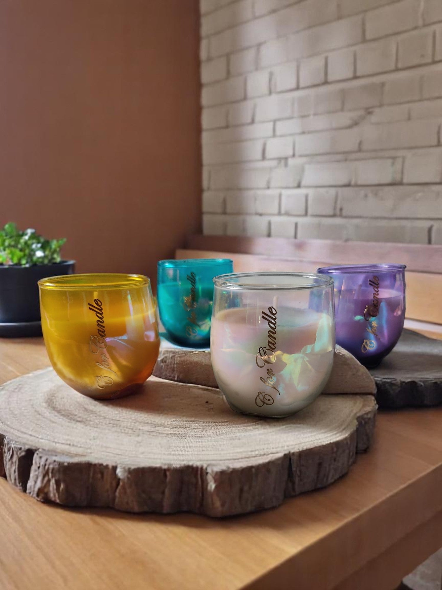 Holographic glass jars on a wooden log