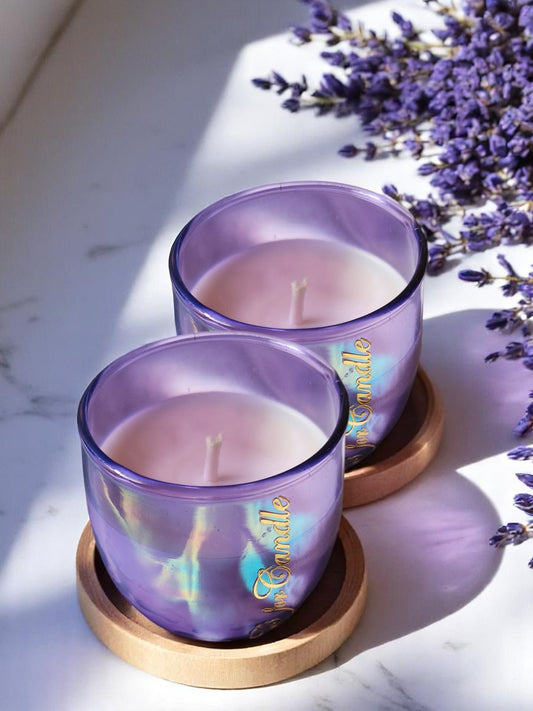 Purple holographic glass jar on a coaster